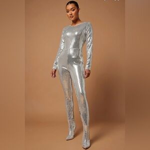 Britney Sequin Catsuit Booties - Silver